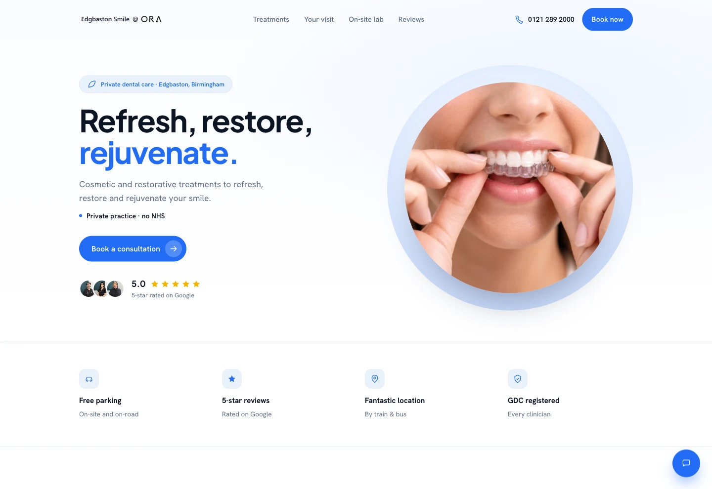 Dental clinic website homepage with a photographic hero, a booking button and a five-star review strip.