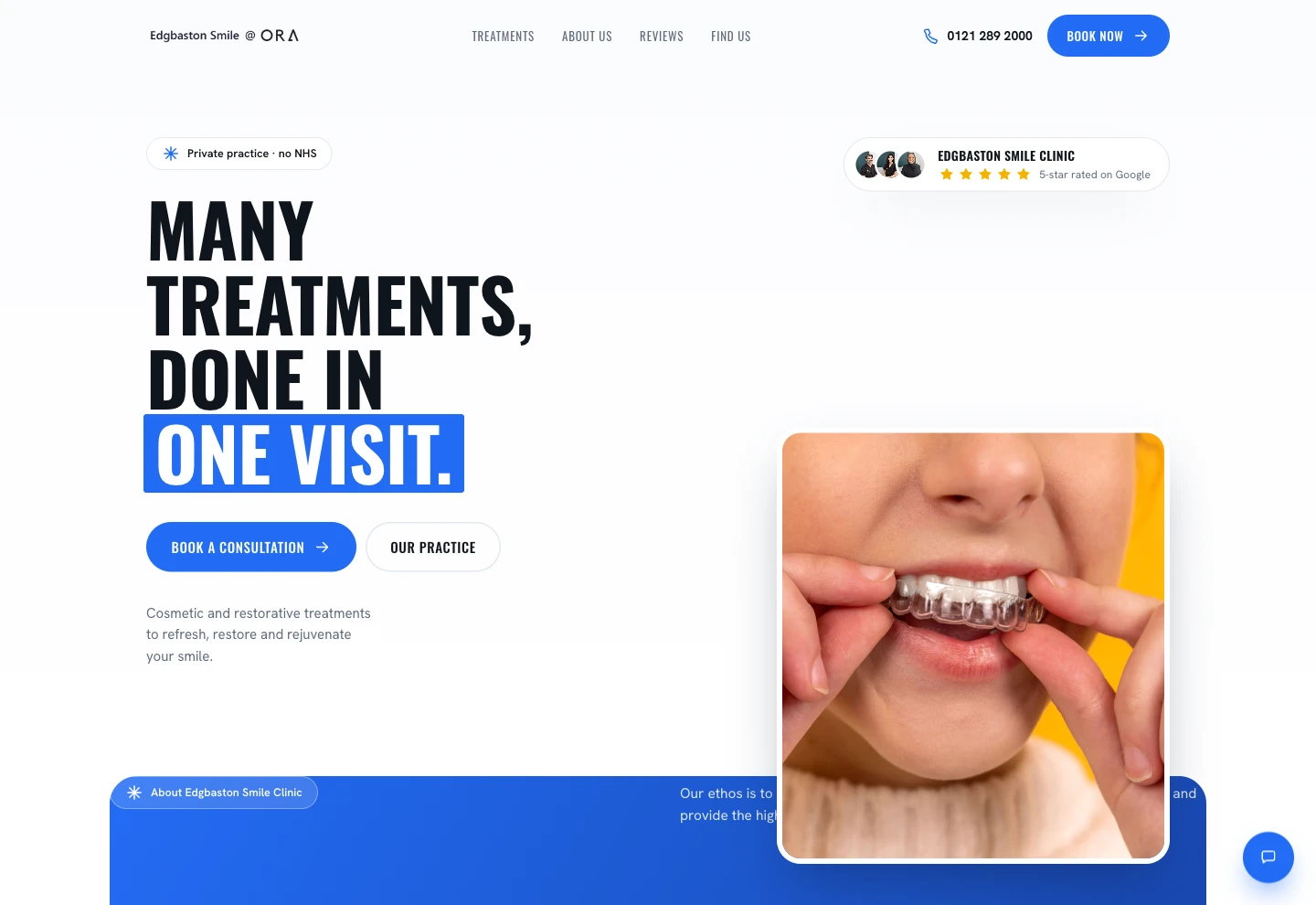 A second design for the same dental clinic, with a heavy condensed headline and a highlighted call to action.
